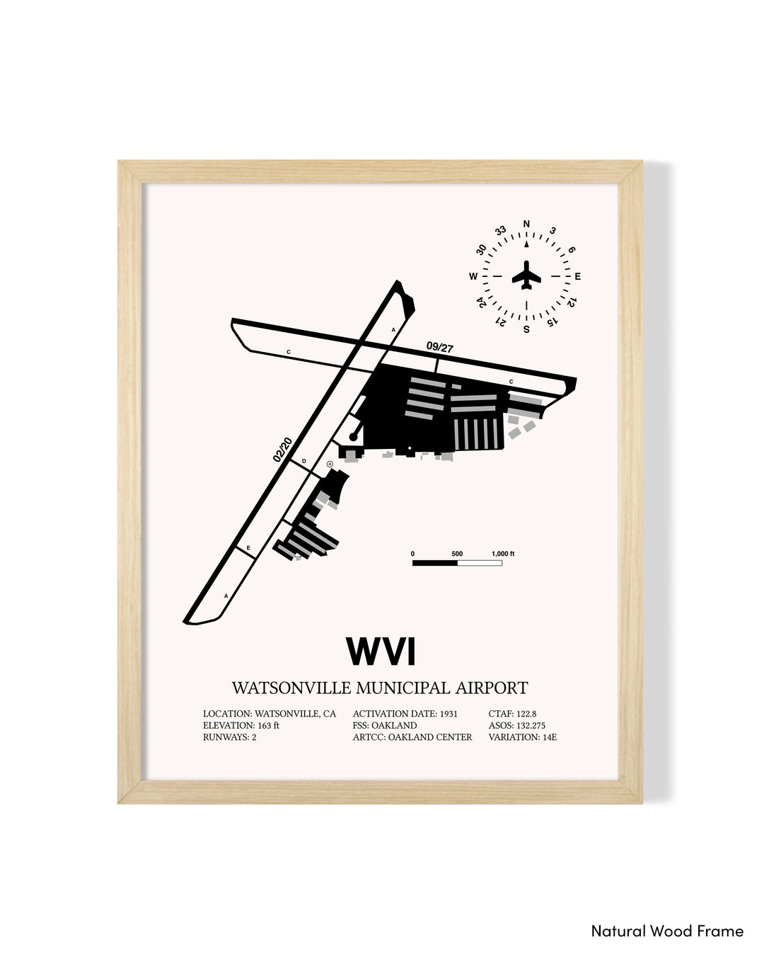 Detailed Airport Map of Watsonville Municipal Airport (WVI) in White with a Natural Frame