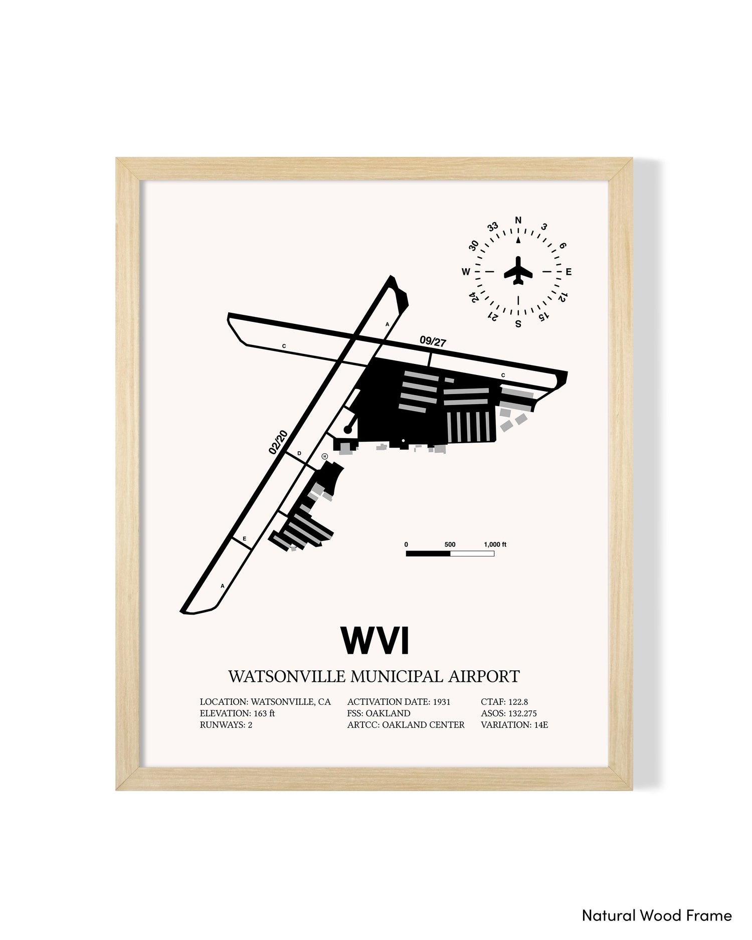 Detailed Airport Map of Watsonville Municipal Airport (WVI) in White with a Natural Frame