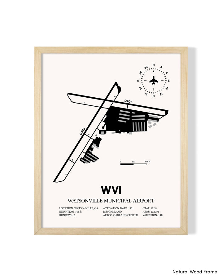 Detailed Airport Map of Watsonville Municipal Airport (WVI) in White with a Natural Frame