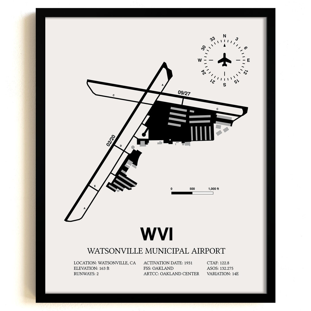 Framed Detailed Airport Map of Watsonville Municipal Airport (WVI) in White with a Black Frame