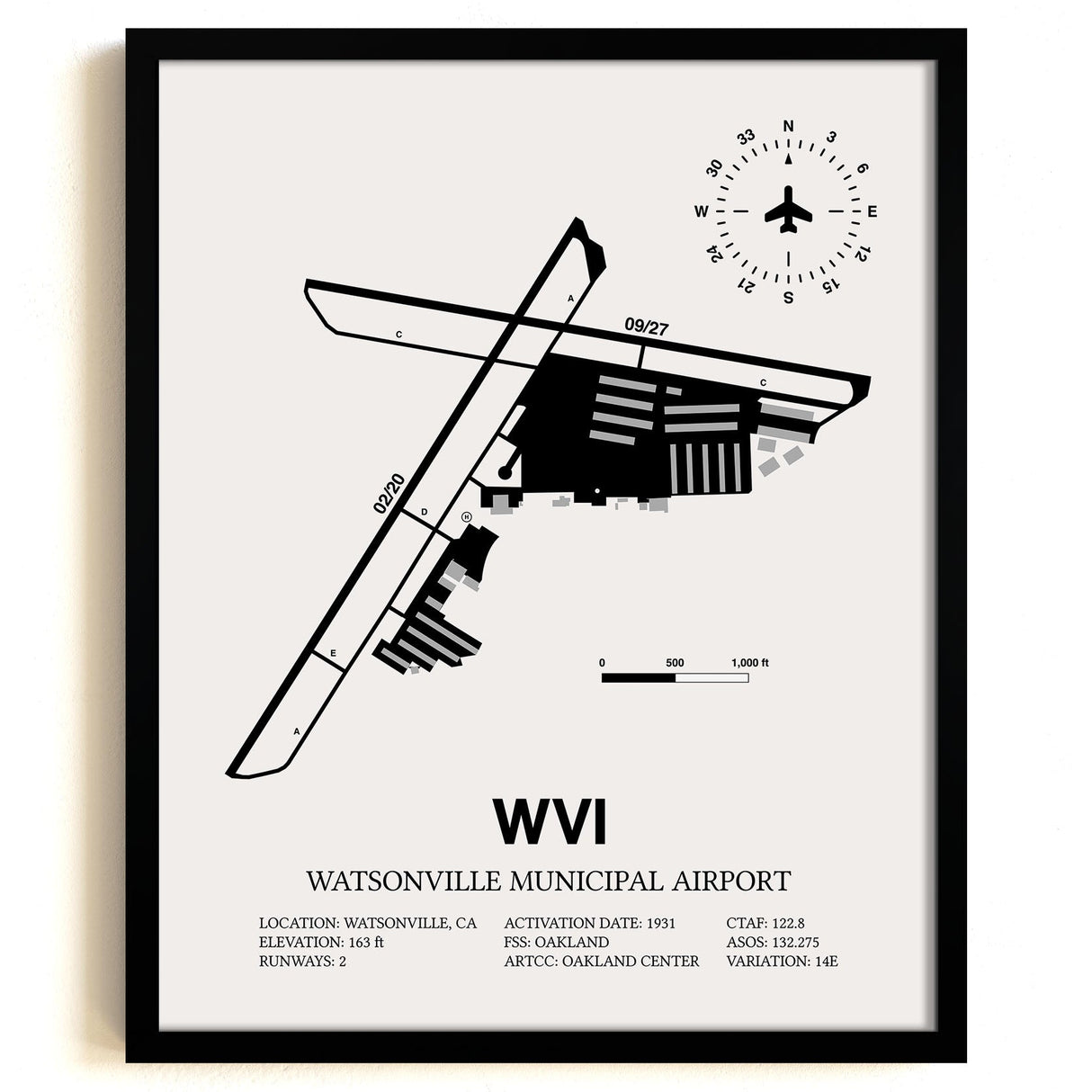 Framed Detailed Airport Map of Watsonville Municipal Airport (WVI) in White with a Black Frame