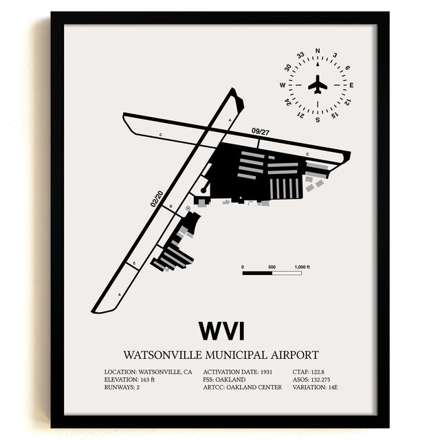 Framed Detailed Airport Map of Watsonville Municipal Airport (WVI) in White with a Black Frame