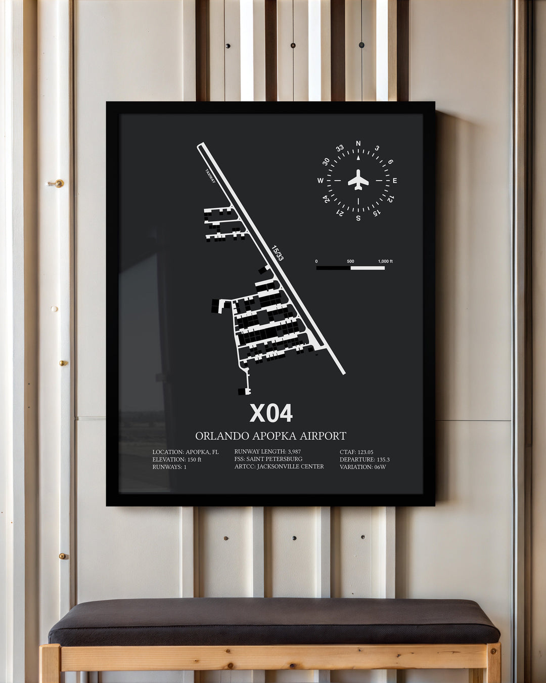Framed Detailed Airport Map of Orlando Apopka Airport (X04) in Gray with a Black Frame