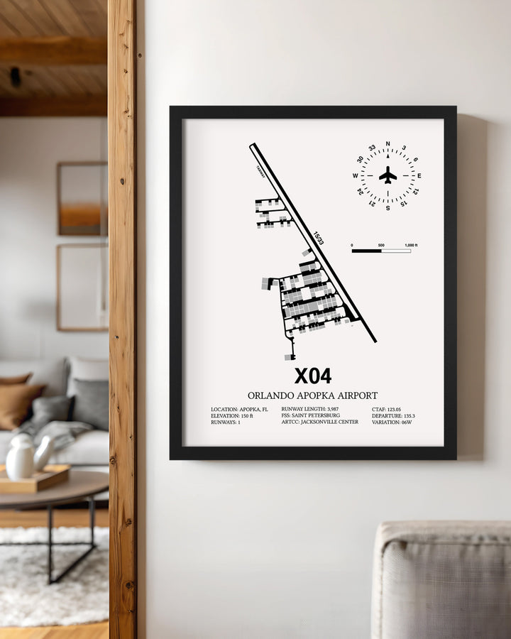 Framed Detailed Airport Map of Orlando Apopka Airport (X04) in White with a Black Frame