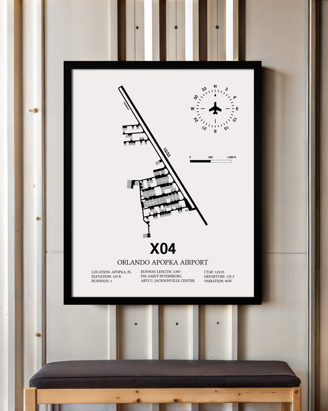 Framed Detailed Airport Map of Orlando Apopka Airport (X04) in White with a Black Frame