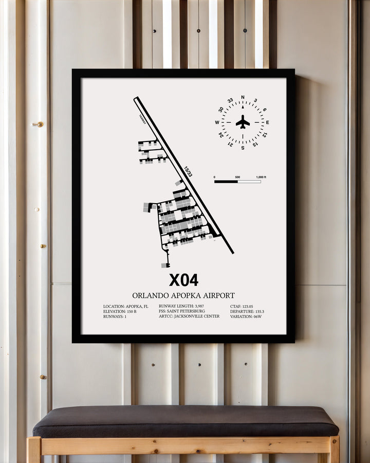 Framed Detailed Airport Map of Orlando Apopka Airport (X04) in White with a Black Frame