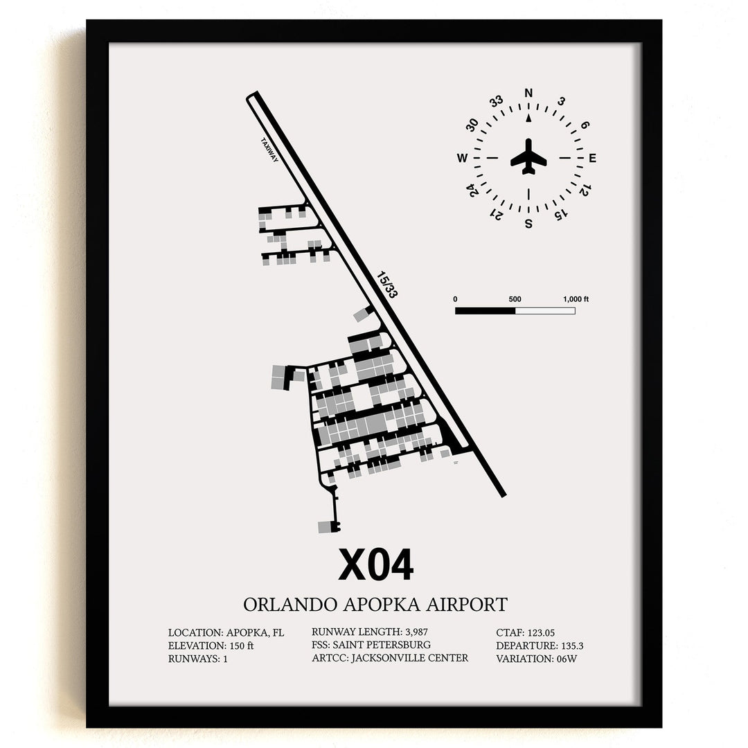 Framed Detailed Airport Map of Orlando Apopka Airport (X04) in White with a Black Frame