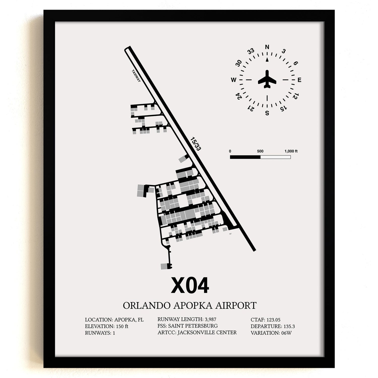 Framed Detailed Airport Map of Orlando Apopka Airport (X04) in White with a Black Frame