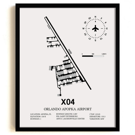 Framed Detailed Airport Map of Orlando Apopka Airport (X04) in White with a Black Frame