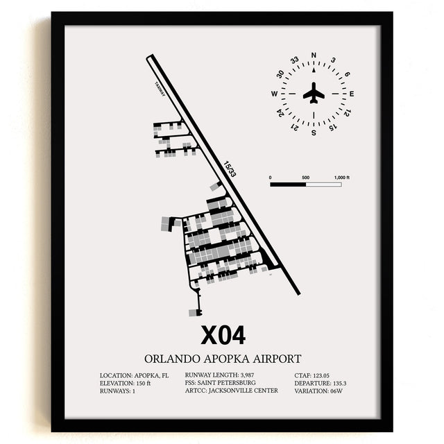 Framed Detailed Airport Map of Orlando Apopka Airport (X04) in White with a Black Frame