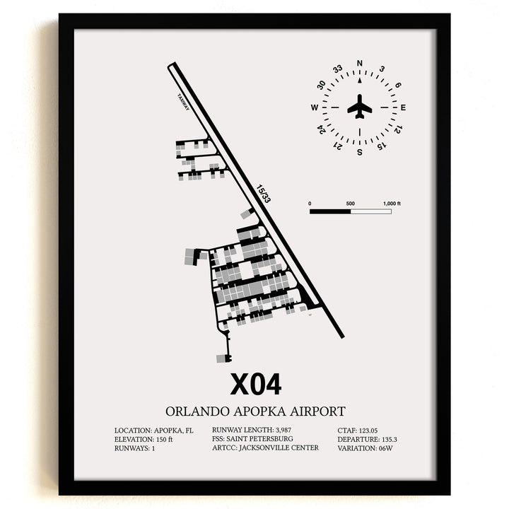 Framed Detailed Airport Map of Orlando Apopka Airport (X04) in White with a Black Frame
