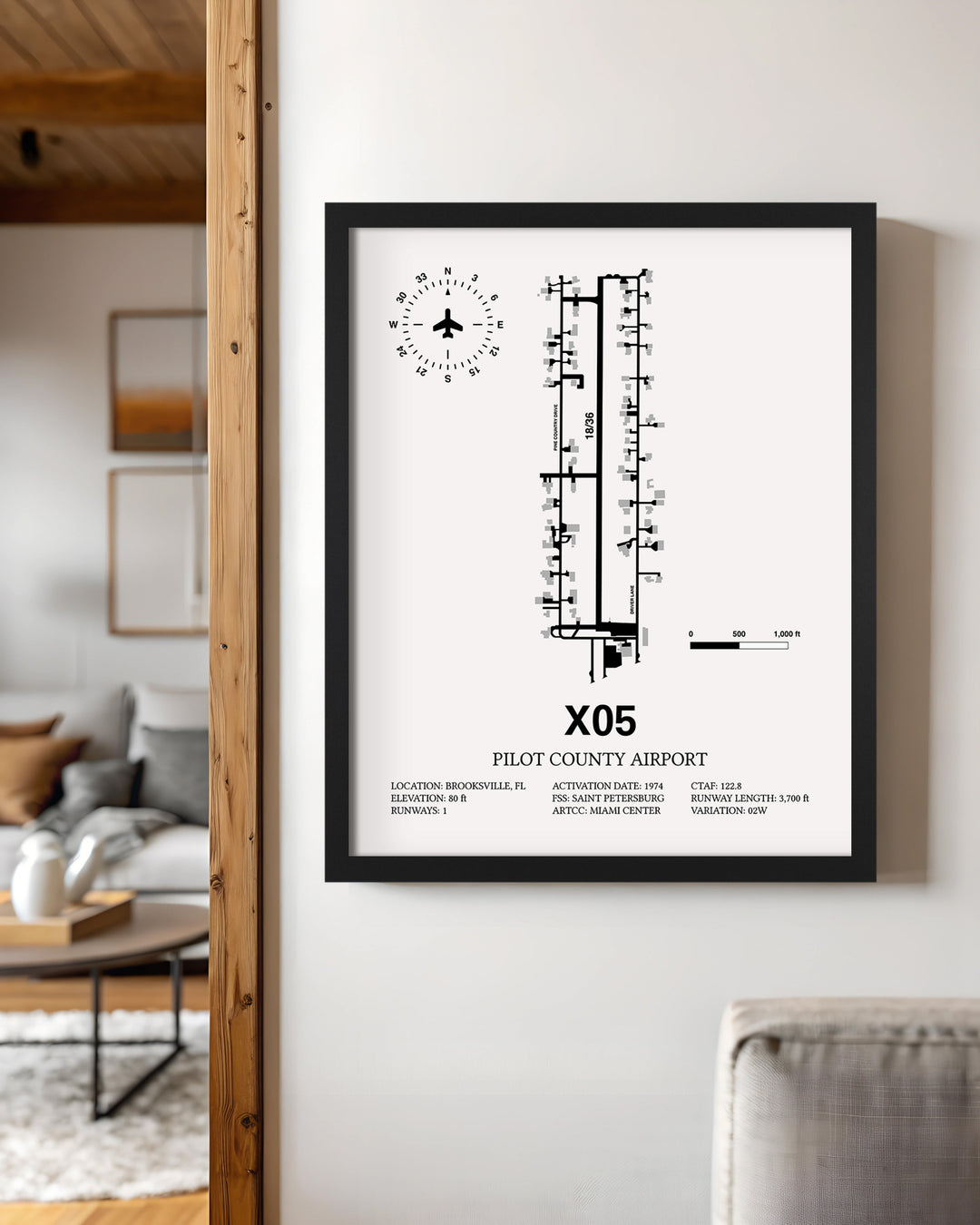 Framed Detailed Airport Map of Pilot County Airport (X05) in White with a Black Frame