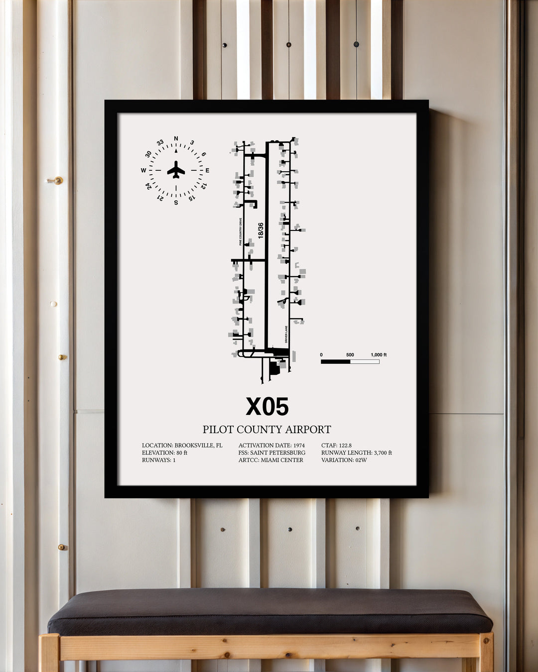 Framed Detailed Airport Map of Pilot County Airport (X05) in White with a Black Frame