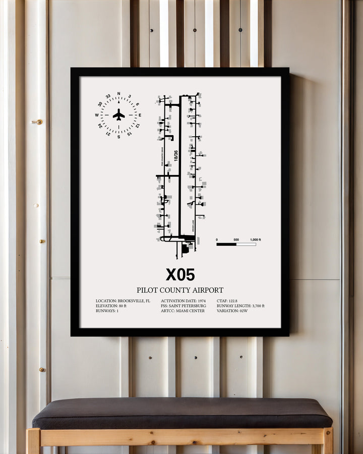 Framed Detailed Airport Map of Pilot County Airport (X05) in White with a Black Frame