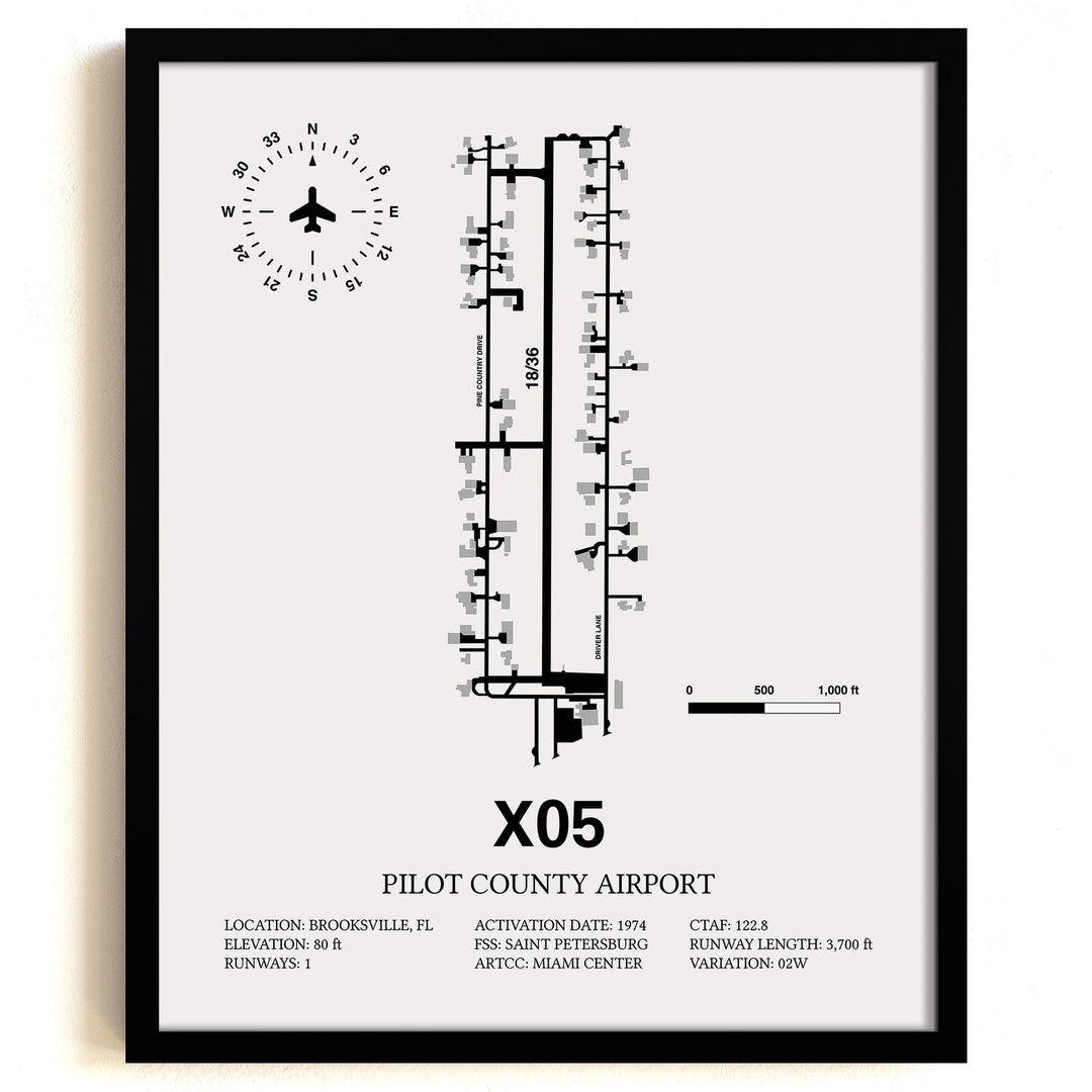 Framed Detailed Airport Map of Pilot County Airport (X05) in White with a Black Frame