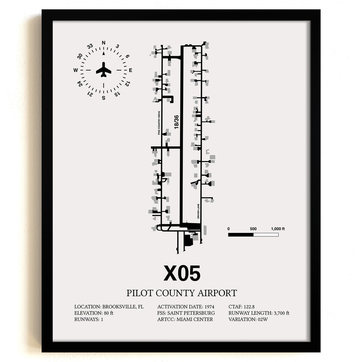 Framed Detailed Airport Map of Pilot County Airport (X05) in White with a Black Frame