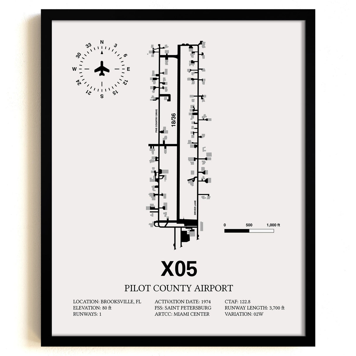 Framed Detailed Airport Map of Pilot County Airport (X05) in White with a Black Frame