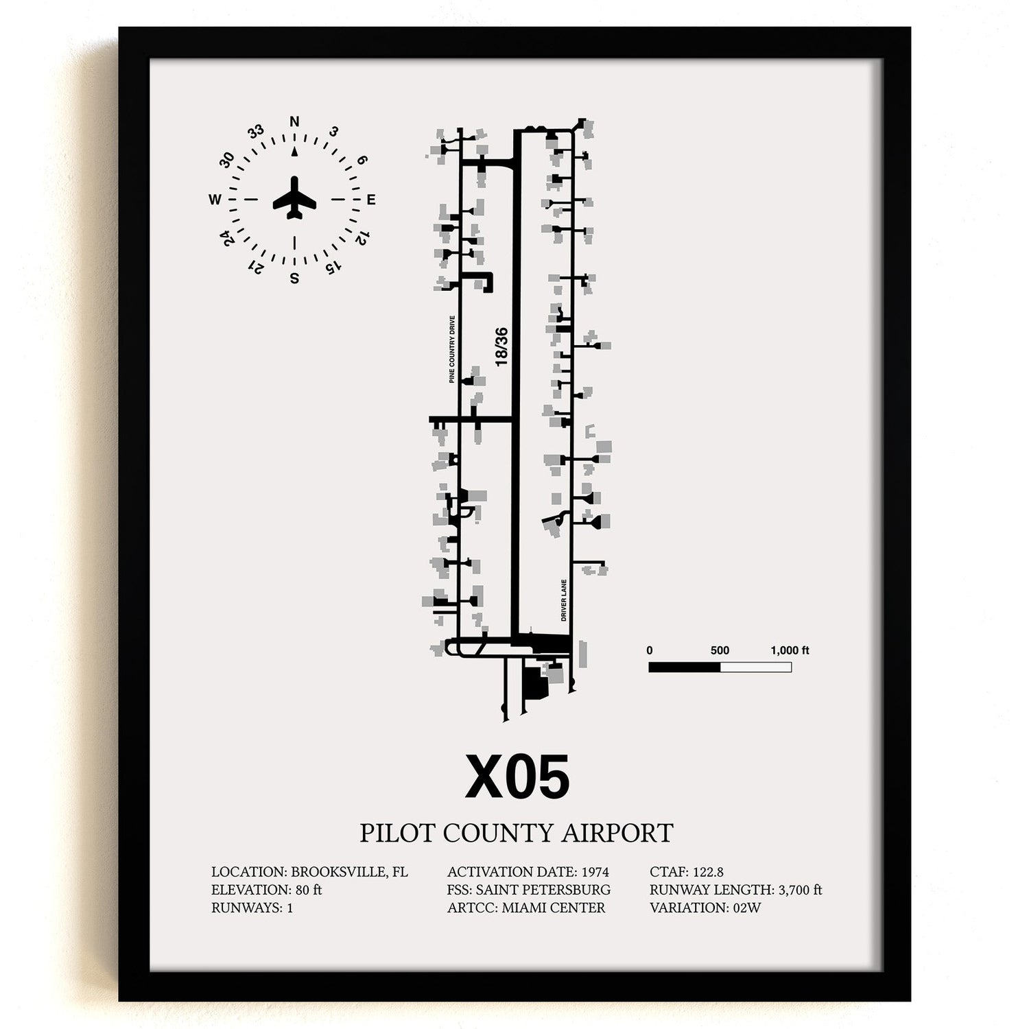Framed Detailed Airport Map of Pilot County Airport (X05) in White with a Black Frame