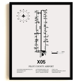 Framed Detailed Airport Map of Pilot County Airport (X05) in White with a Black Frame