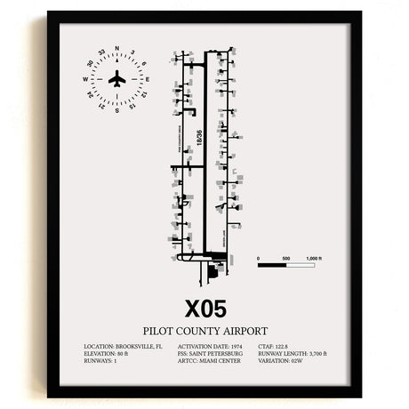 Framed Detailed Airport Map of Pilot County Airport (X05) in White with a Black Frame