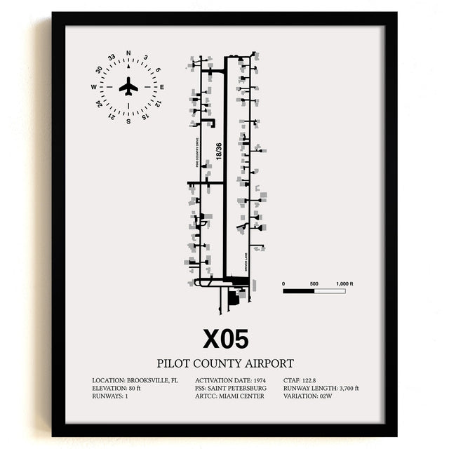 Framed Detailed Airport Map of Pilot County Airport (X05) in White with a Black Frame
