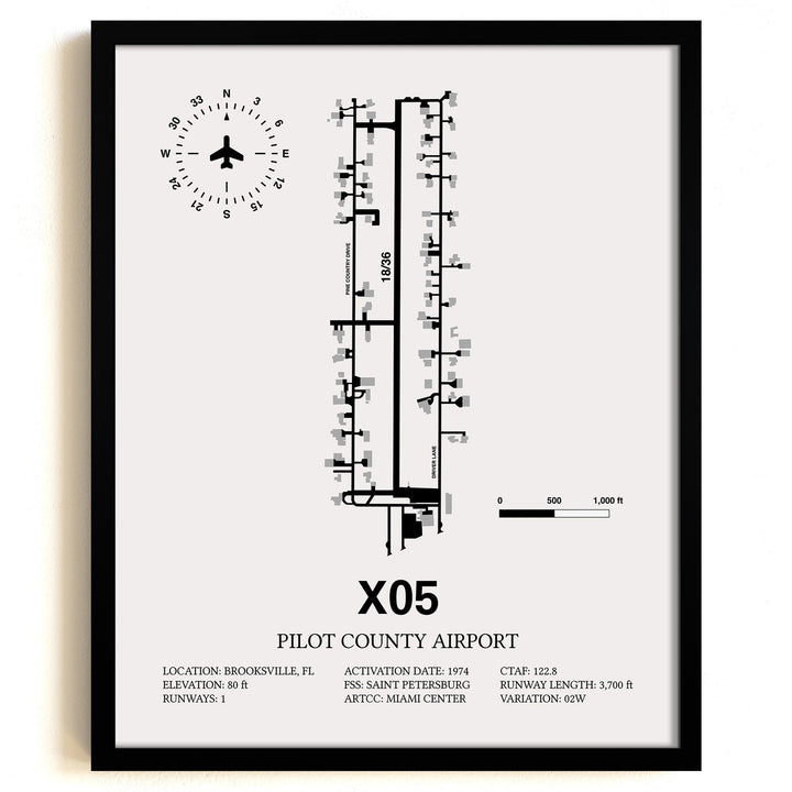 Framed Detailed Airport Map of Pilot County Airport (X05) in White with a Black Frame