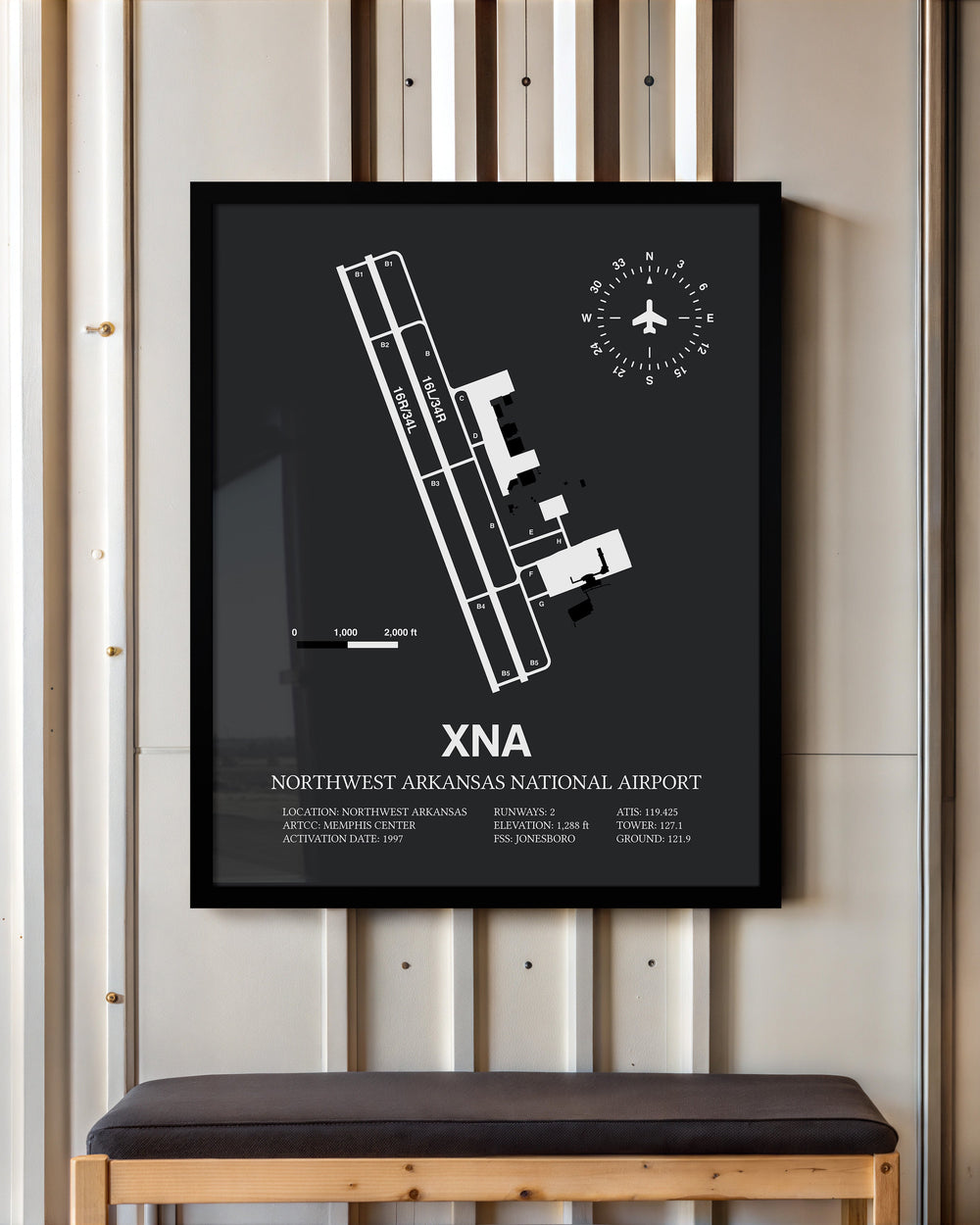 Framed Detailed Airport Map of Northwest Arkansas National Airport (XNA) in Gray with a Black Frame