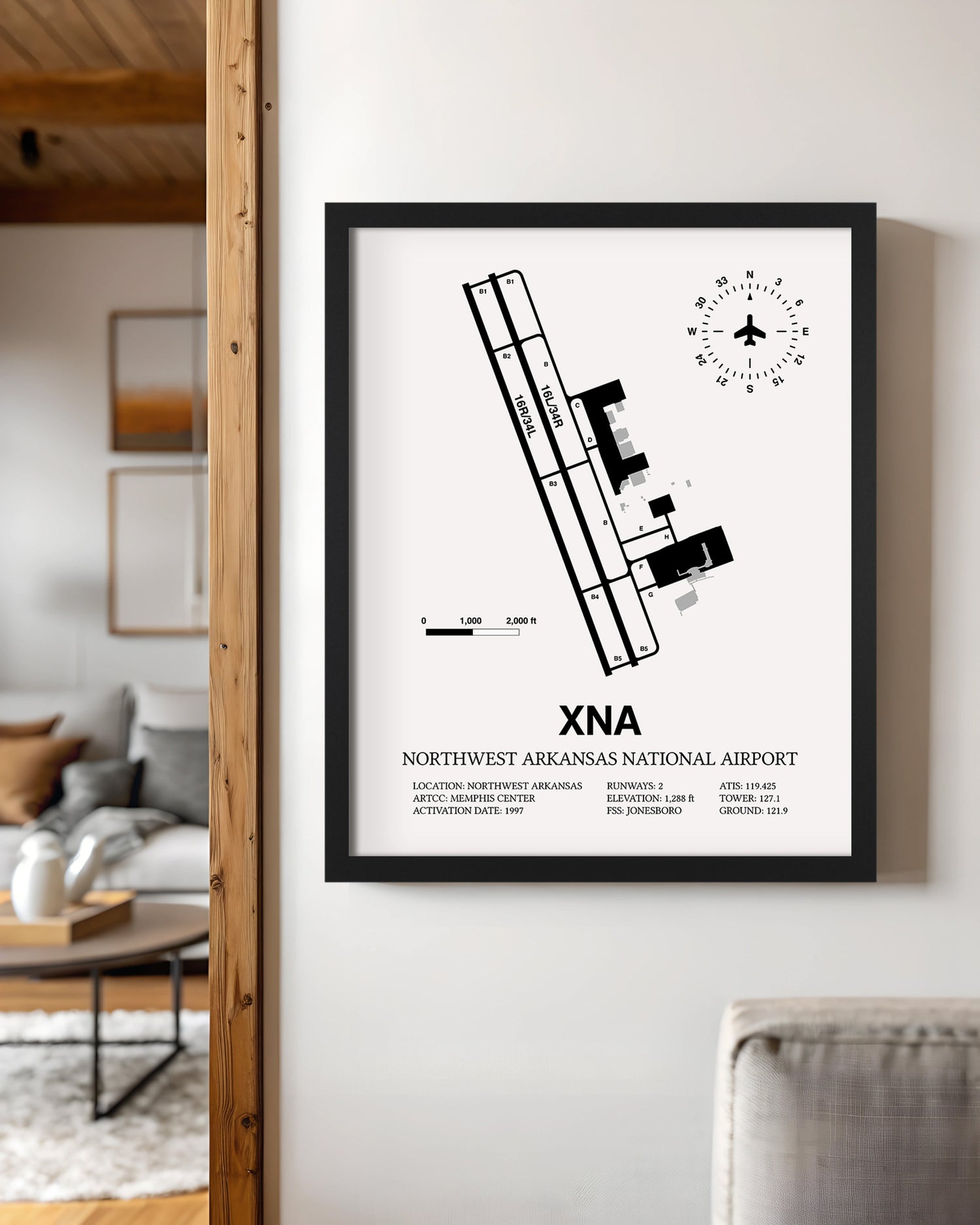 Framed Detailed Airport Map of Northwest Arkansas National Airport (XNA) in White with a Black Frame