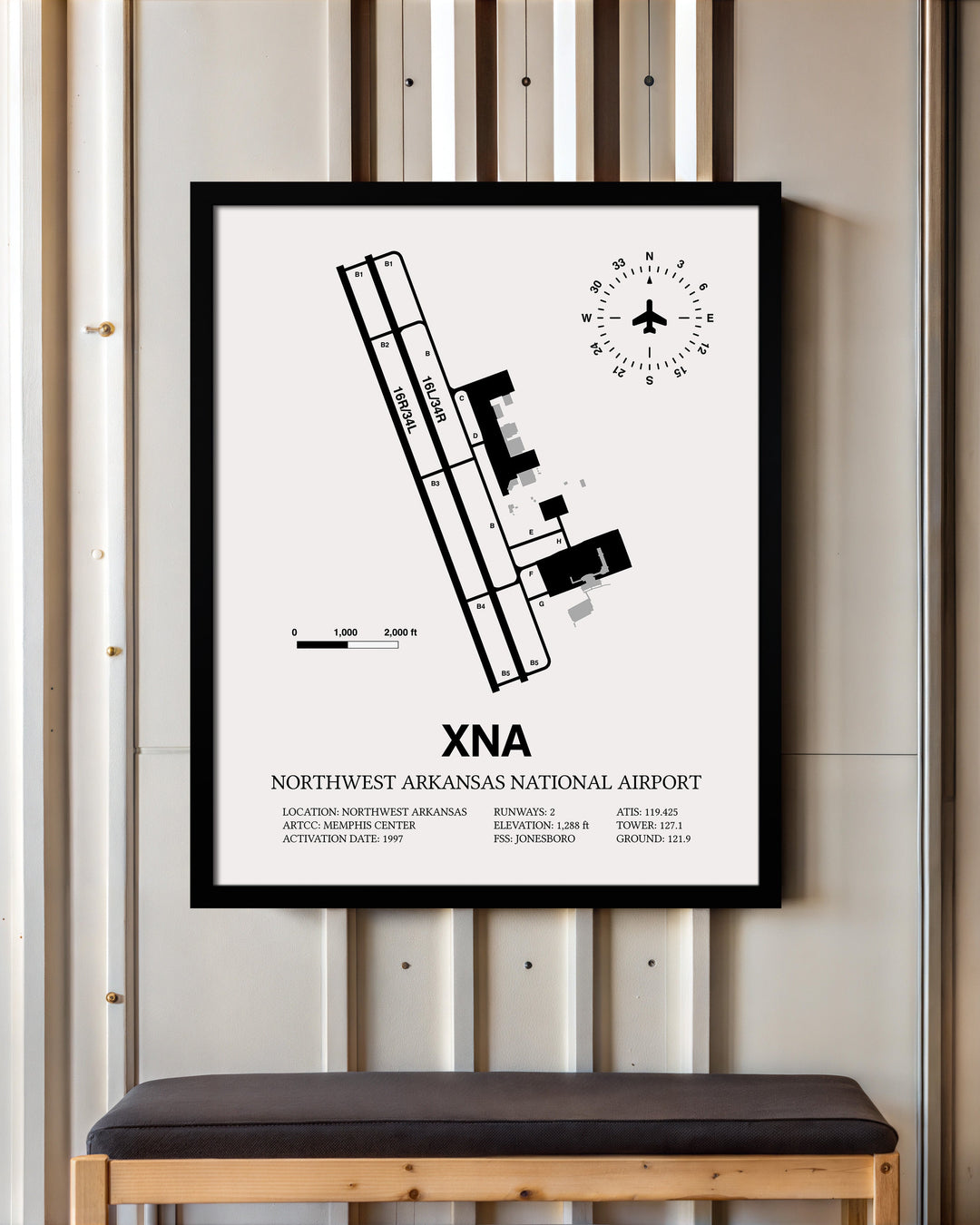 Framed Detailed Airport Map of Northwest Arkansas National Airport (XNA) in White with a Black Frame