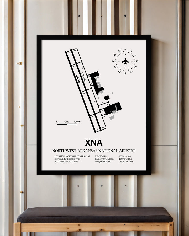 Framed Detailed Airport Map of Northwest Arkansas National Airport (XNA) in White with a Black Frame