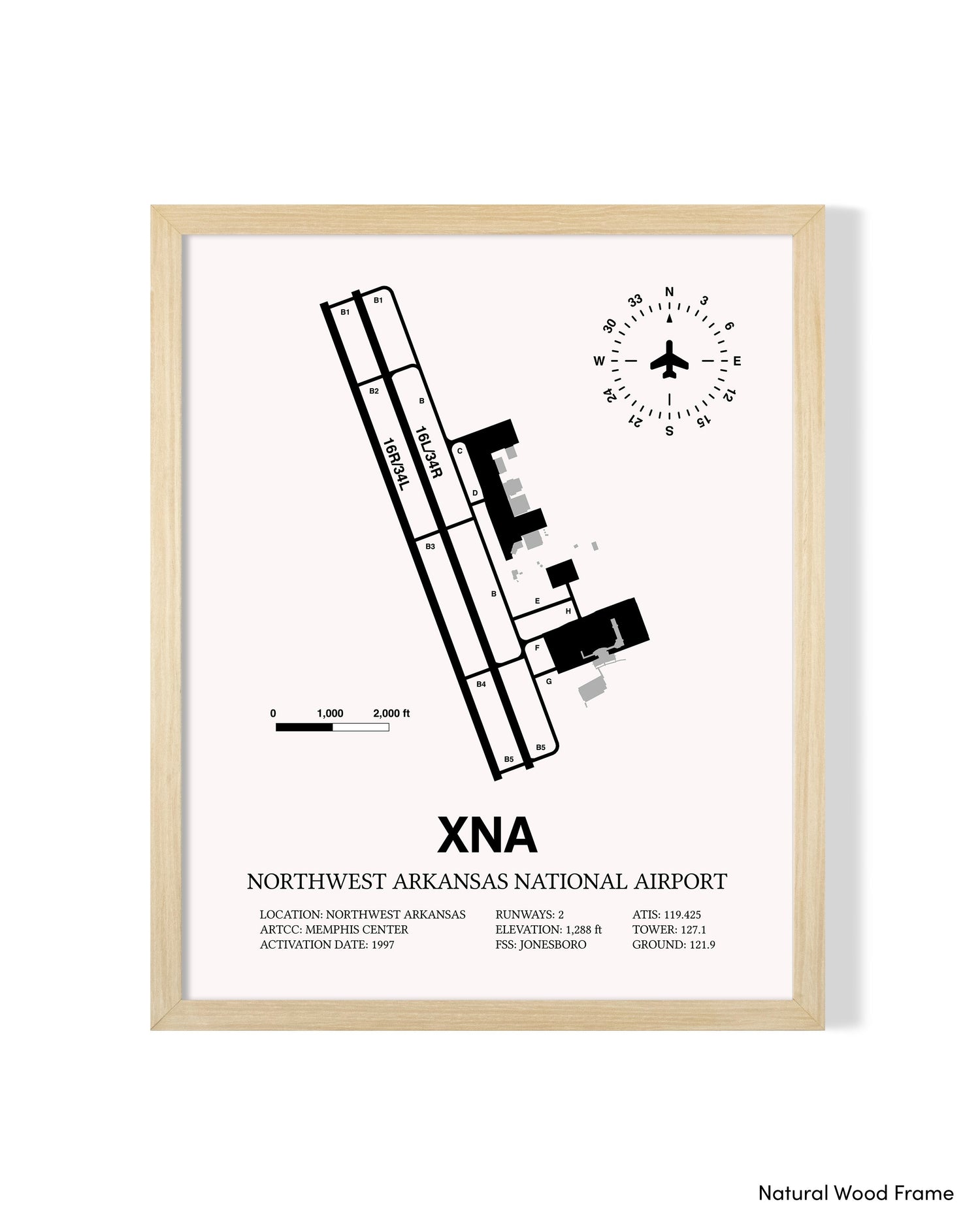 Detailed Airport Map of Northwest Arkansas National Airport (XNA) in White with a Natural Frame