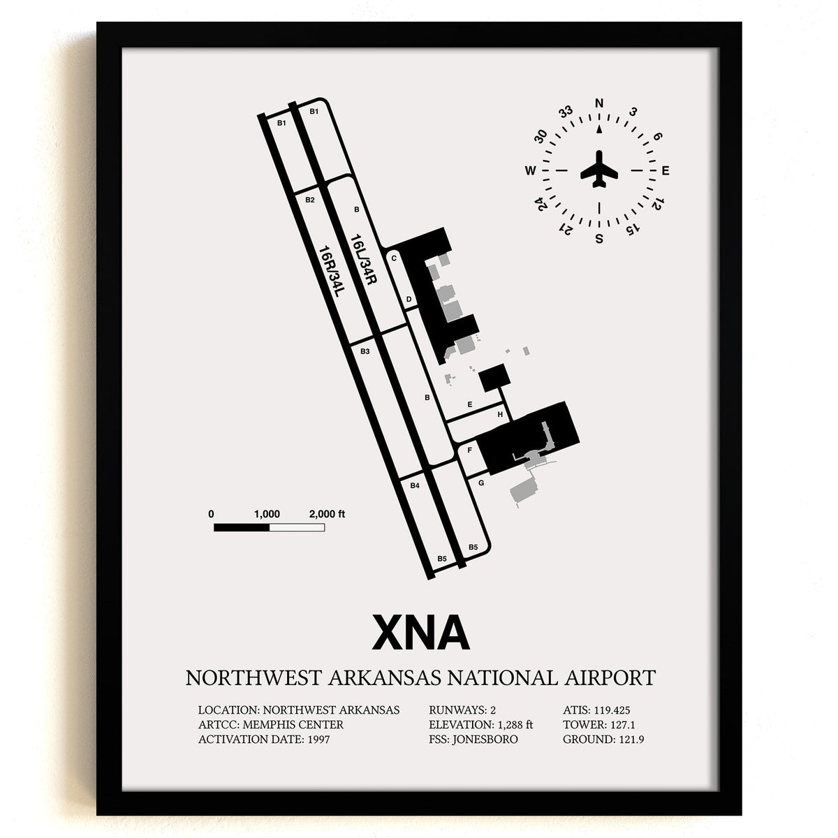 Framed Detailed Airport Map of Northwest Arkansas National Airport (XNA) in White with a Black Frame