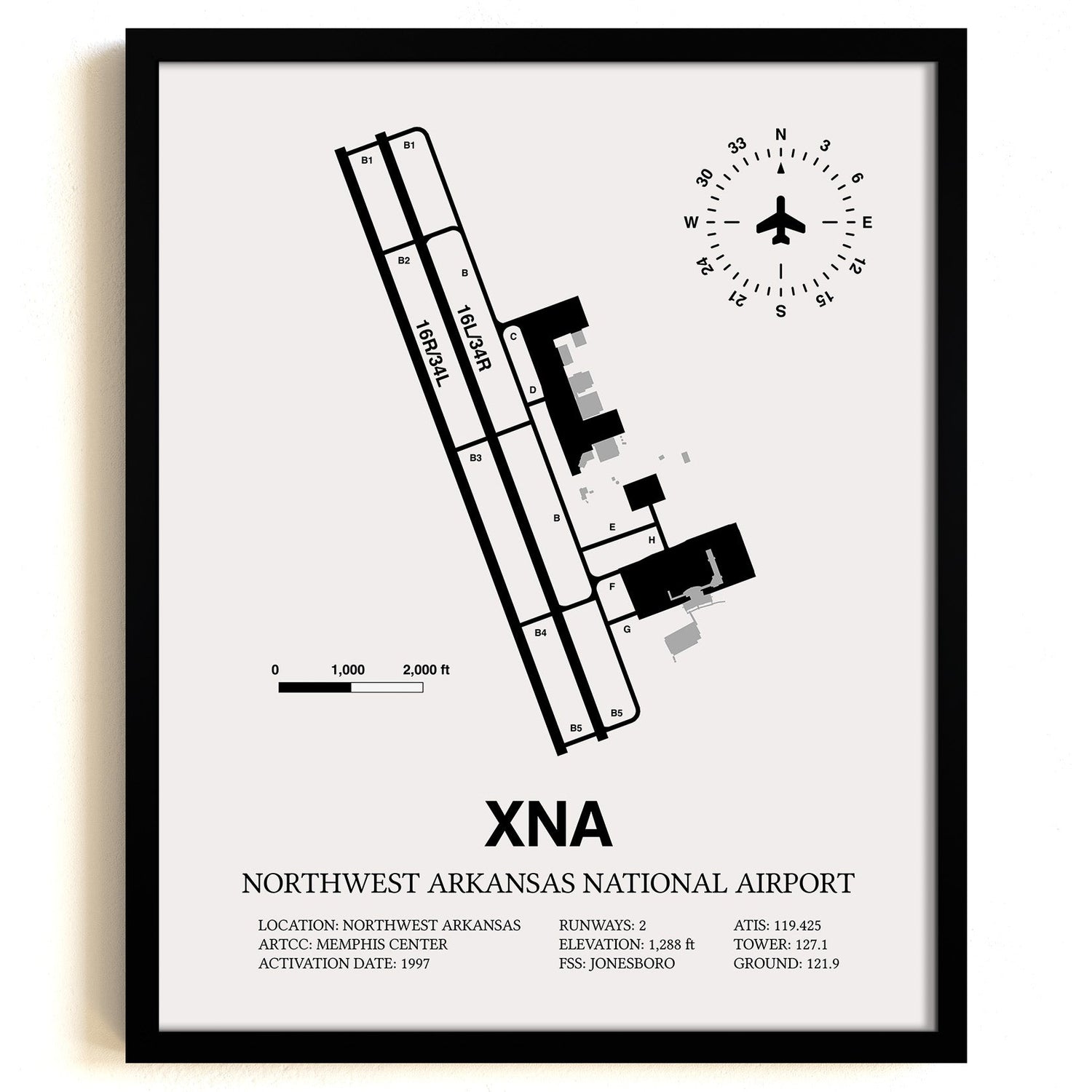 Framed Detailed Airport Map of Northwest Arkansas National Airport (XNA) in White with a Black Frame