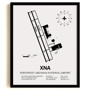 Framed Detailed Airport Map of Northwest Arkansas National Airport (XNA) in White with a Black Frame