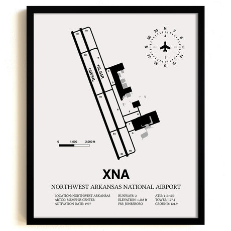 Framed Detailed Airport Map of Northwest Arkansas National Airport (XNA) in White with a Black Frame