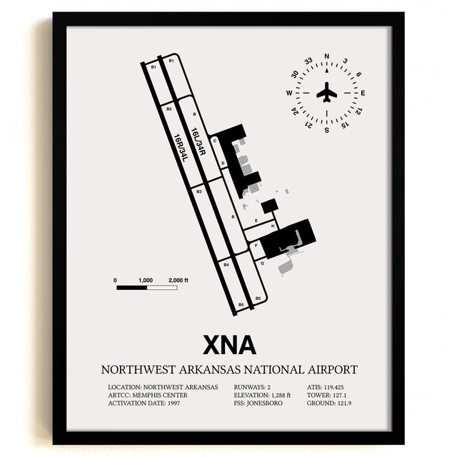 Framed Detailed Airport Map of Northwest Arkansas National Airport (XNA) in White with a Black Frame