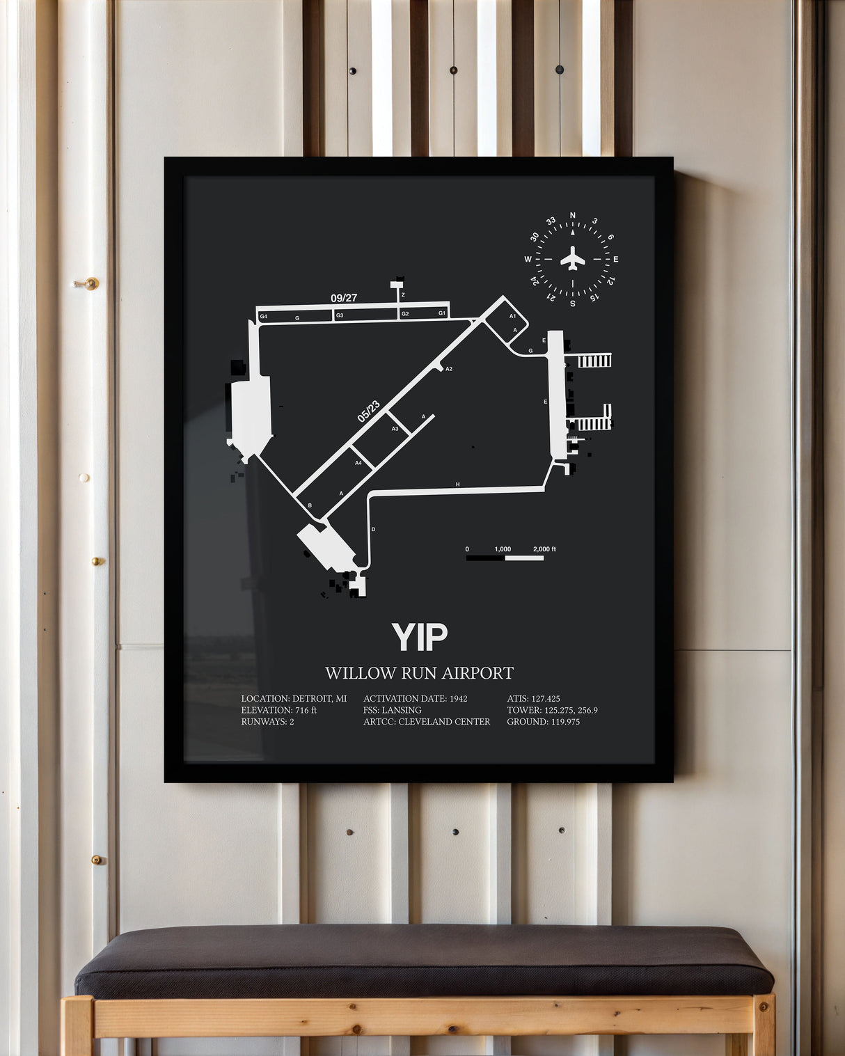 Framed Detailed Airport Map of Willow Run Airport (YIP) in Gray with a Black Frame