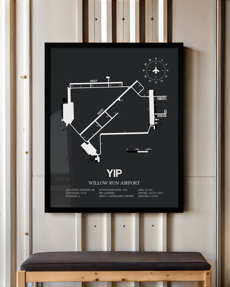Framed Detailed Airport Map of Willow Run Airport (YIP) in Gray with a Black Frame