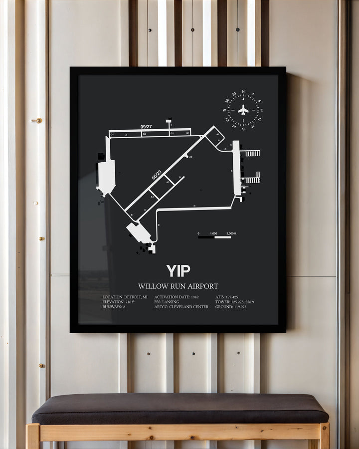 Framed Detailed Airport Map of Willow Run Airport (YIP) in Gray with a Black Frame