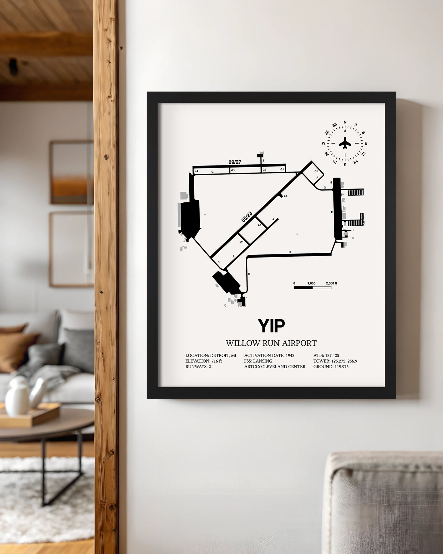 Framed Detailed Airport Map of Willow Run Airport (YIP) in White with a Black Frame