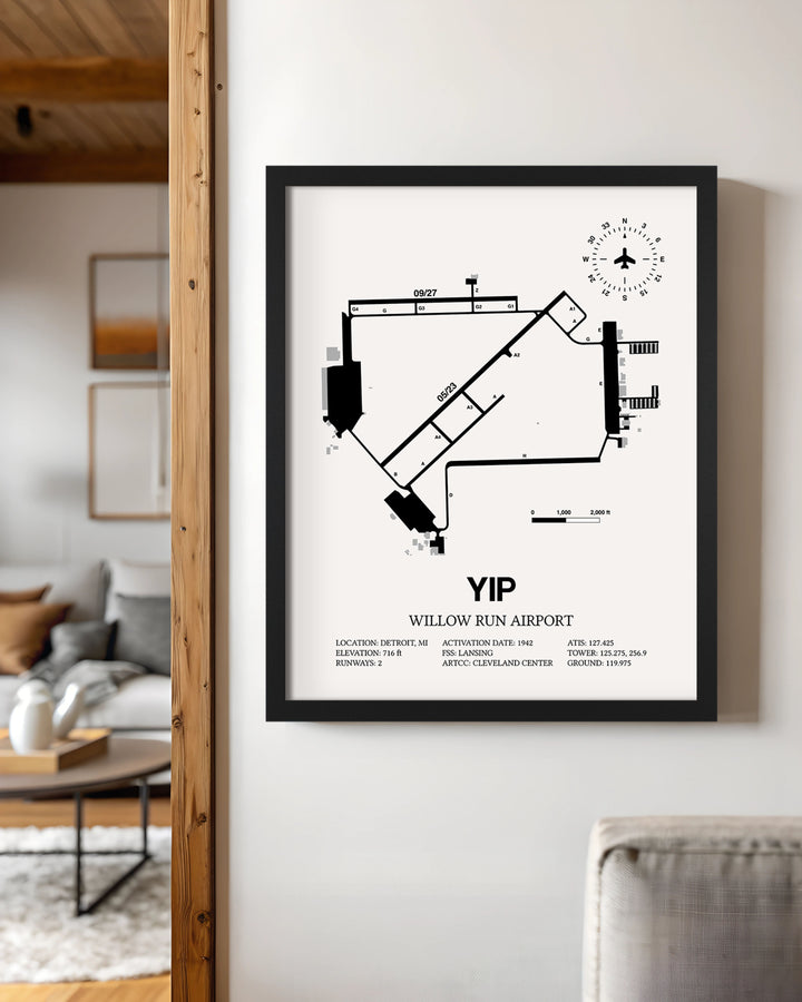 Framed Detailed Airport Map of Willow Run Airport (YIP) in White with a Black Frame