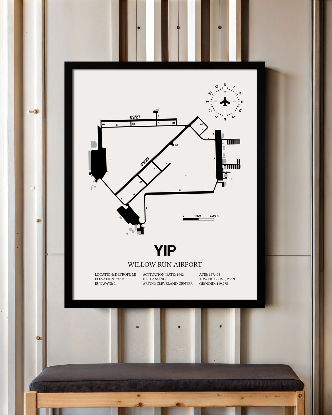 Framed Detailed Airport Map of Willow Run Airport (YIP) in White with a Black Frame