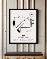 Framed Detailed Airport Map of Willow Run Airport (YIP) in White with a Black Frame