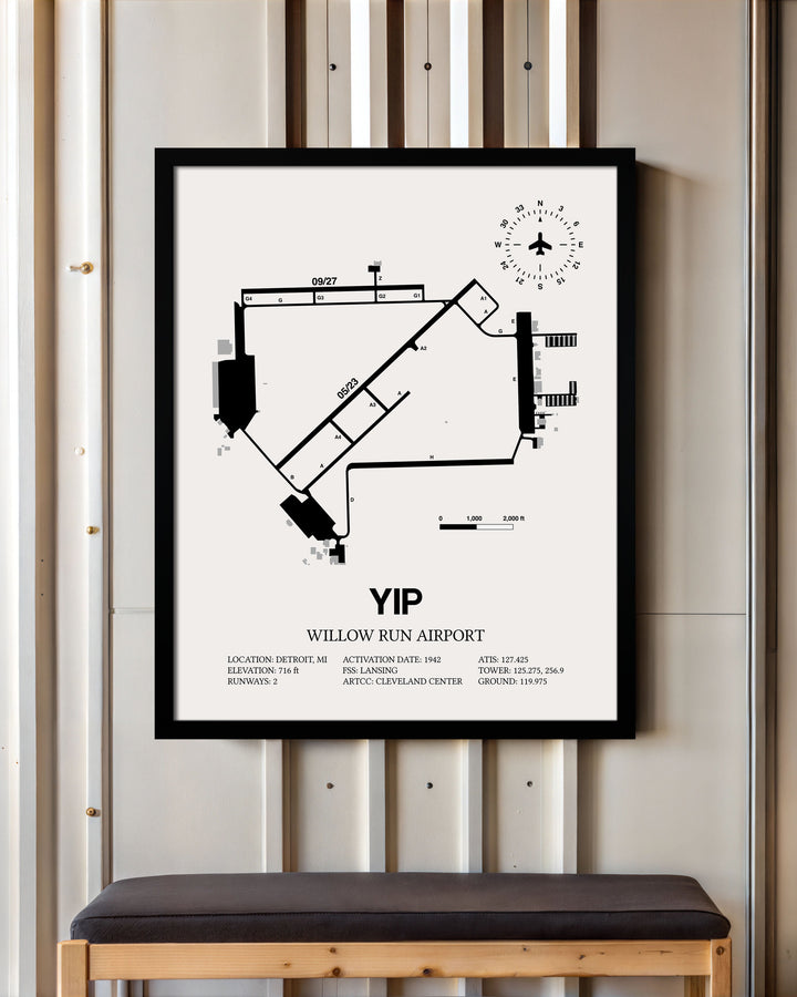 Framed Detailed Airport Map of Willow Run Airport (YIP) in White with a Black Frame