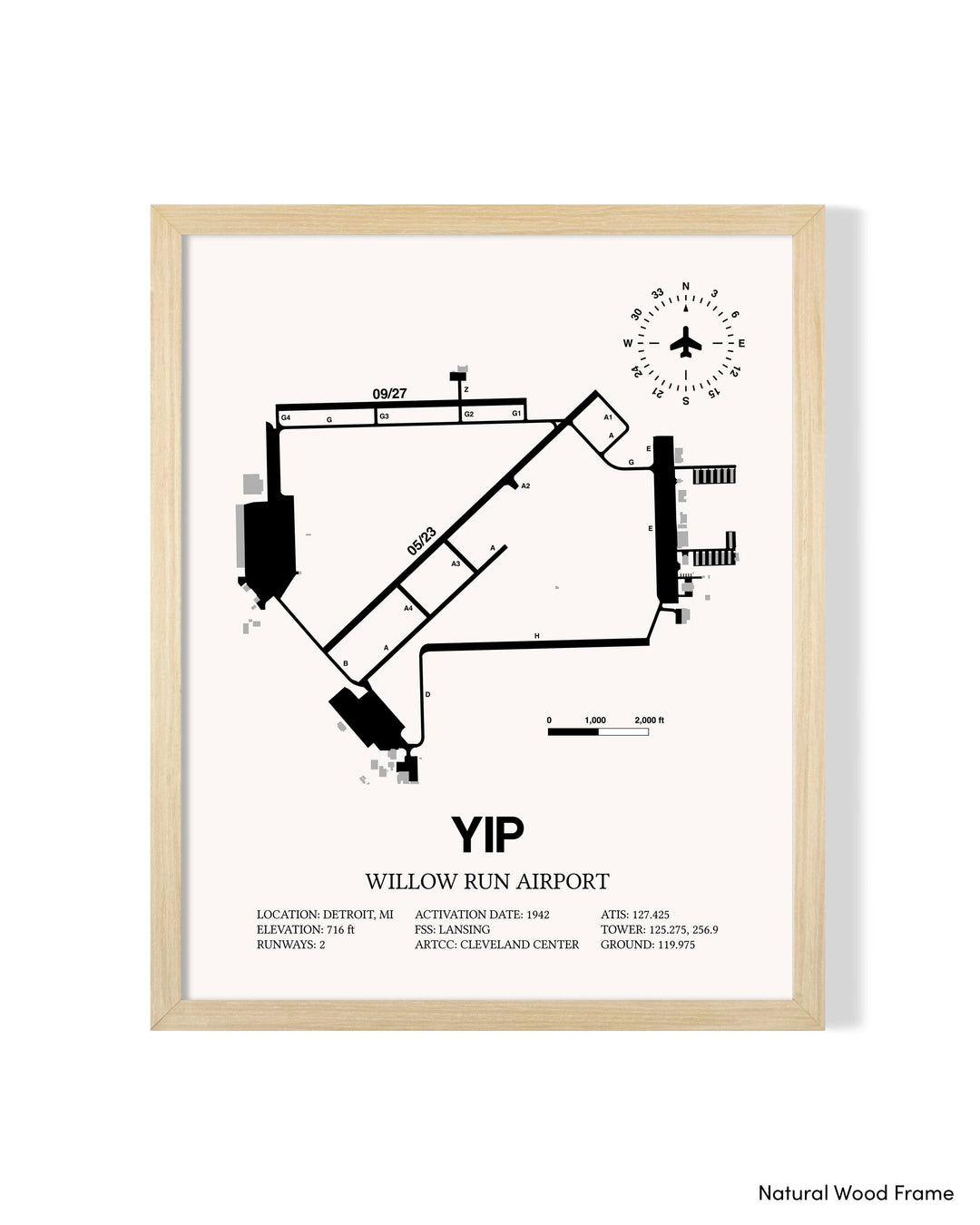 Detailed Airport Map of Willow Run Airport (YIP) in White with a Natural Frame