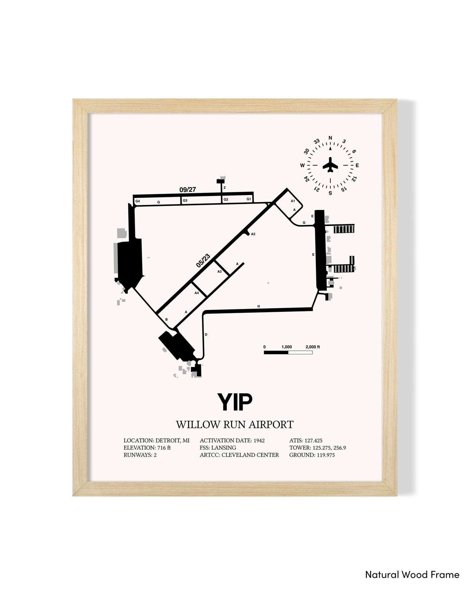 Detailed Airport Map of Willow Run Airport (YIP) in White with a Natural Frame