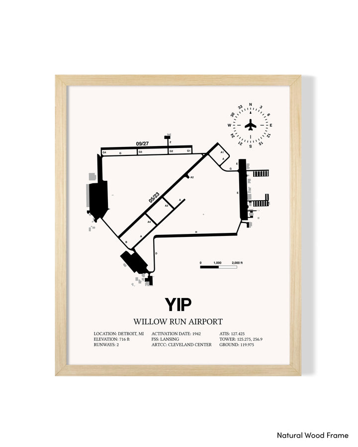 Detailed Airport Map of Willow Run Airport (YIP) in White with a Natural Frame