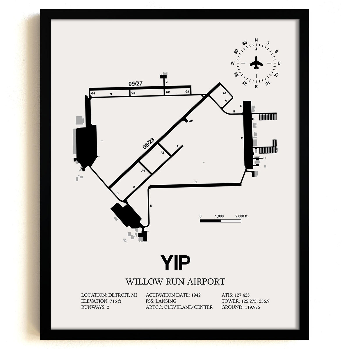 Framed Detailed Airport Map of Willow Run Airport (YIP) in White with a Black Frame