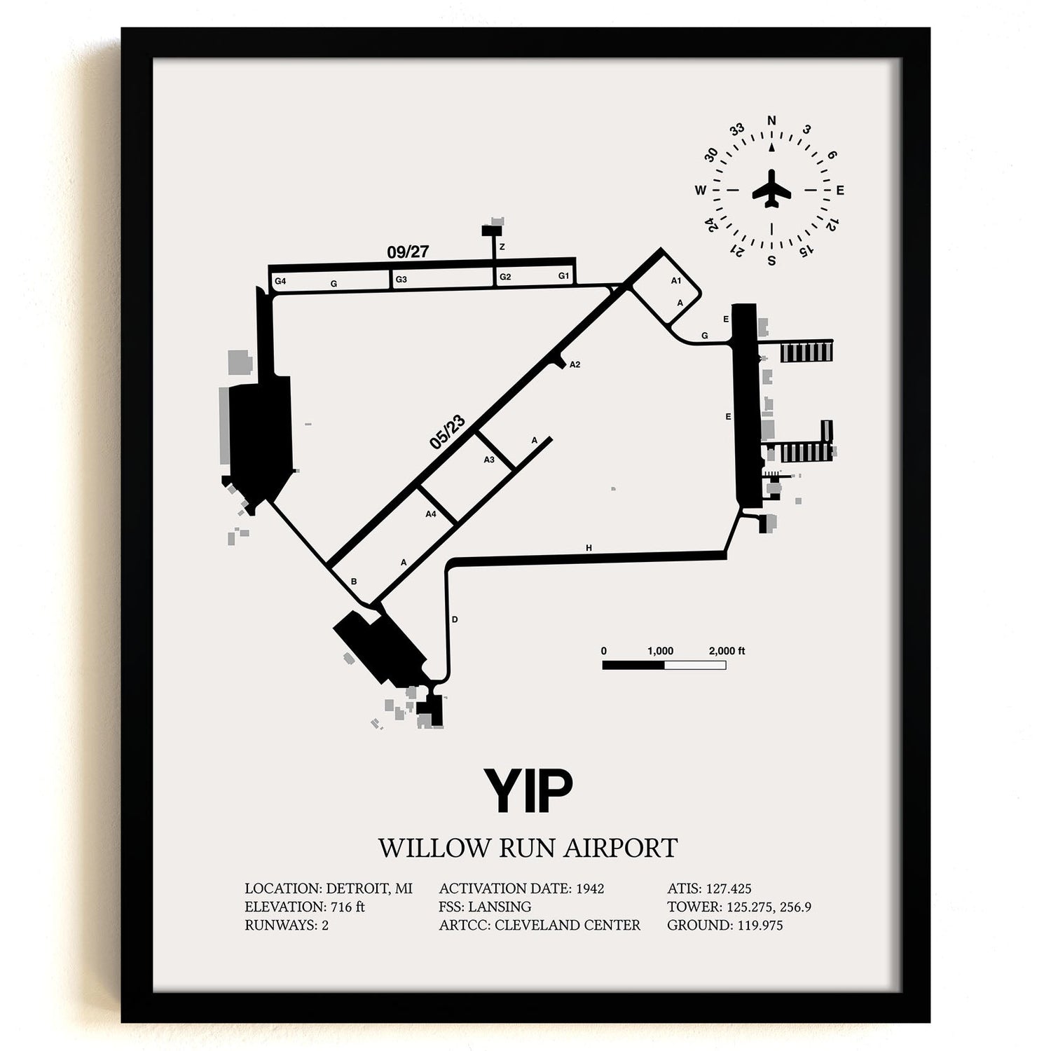 Framed Detailed Airport Map of Willow Run Airport (YIP) in White with a Black Frame