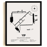 Framed Detailed Airport Map of Willow Run Airport (YIP) in White with a Black Frame